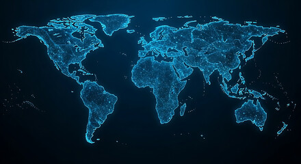 Glowing blue world map with digital network visualization showing global connections, data nodes, and technology communication pathways
