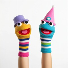 Fototapeta premium Two adorable sock puppets, one purple and one blue, both with party hats, on a plain white background.