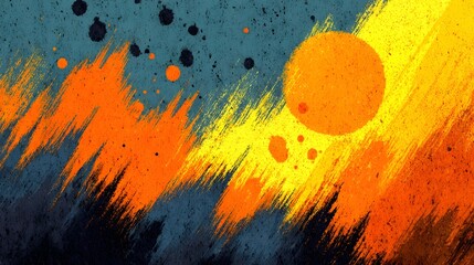 Energetic and expressive abstract painting with dynamic color splashes and bold brush strokes in a modern unconventional style