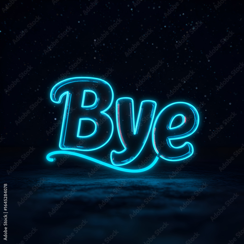 Poster neon bye sign in a dark night setting. stylish, modern message with glowing text on a textured surfa