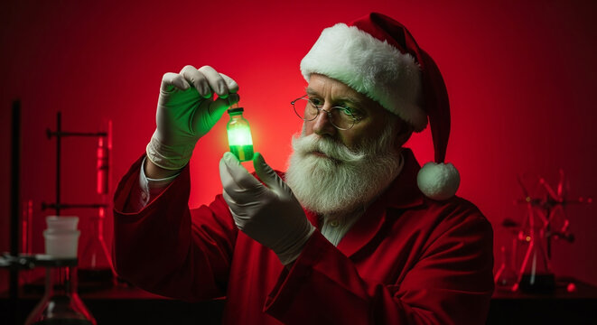 Santa claus in a lab coat examining a glowing green liquid in a glass bottle with white gloves on - Powered by Adobe
