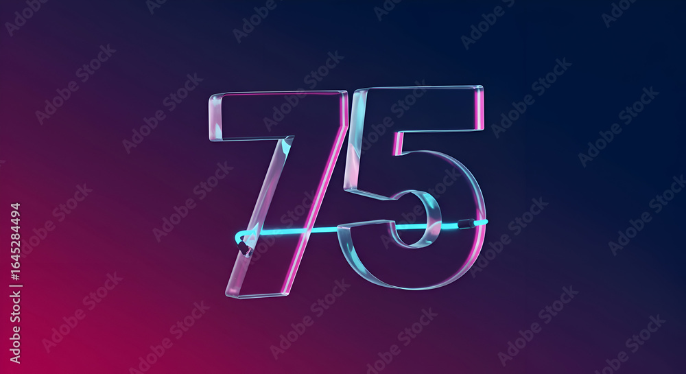 Poster 3d rendering of the number 75 in translucent glass with neon lighting. abstract graphic design eleme