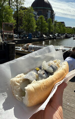 Amsterdam, Netherlands. Hand holding a traditional Dutch herring sandwich with onions and pickles,...