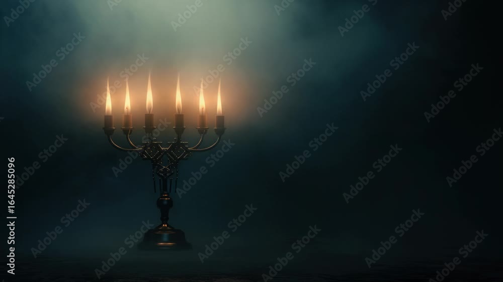Poster a candelab with five lit candles on a dark background, perfect for creating a warm and inviting atmo