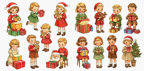 A charming collection of vintage illustrations depicting children in festive attire celebrating Christmas, holding gifts and toys.