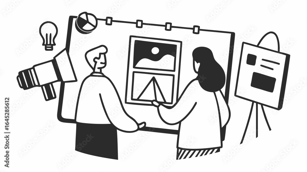 Poster two people discussing presentation with charts and graphics on a whiteboard and easel stand