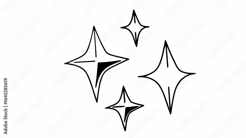 Poster four hand drawn stars with black fill and outlines on a white background in a simple and minimal sty