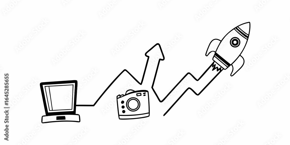 Poster illustration showing computer camera rocket and upward trending line on a white background art desig