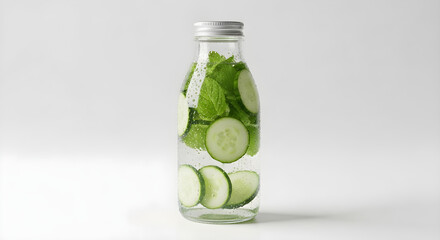 Refreshing cucumber water with mint leaves in a glass bottle