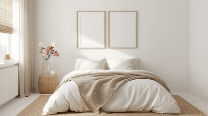 Minimalist Bedroom Interior Design: Neutral Color Palette,  Jute Rug,  Empty Frames,  Natural Light