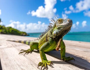 Green iguana on a wooden dock by the ocean
