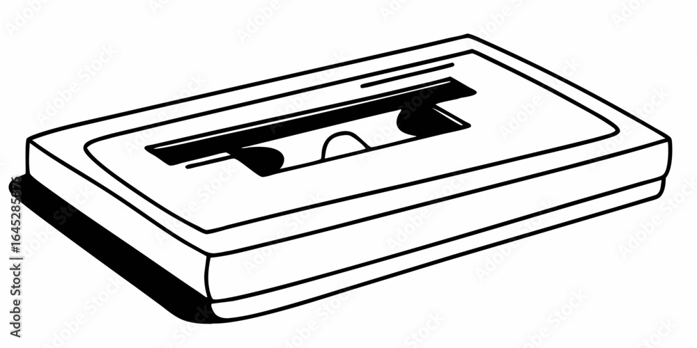 Poster illustration of a cassette tape with visible reels and a rectangular shape in black and white outlin