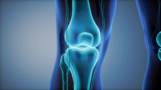 Advanced medical imaging of the human knee joint, skeletal system illustration on blue background