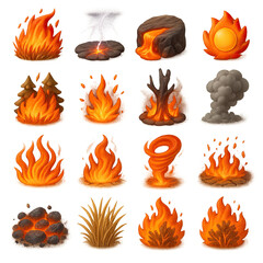 3d nature icons set featuring fire, lightning, lava, sun, smoke, tornado, volcanic rocks, grass