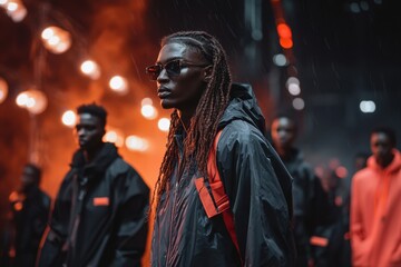 Fototapeta premium Diverse models showcase stylish streetwear in urban setting, illuminated by dramatic lighting. atmosphere is vibrant and edgy, capturing essence of modern fashion