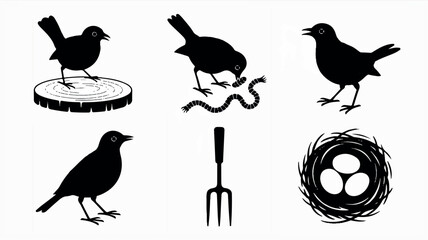 Six black silhouette illustrations of various objects arranged in two rows on a clean white background