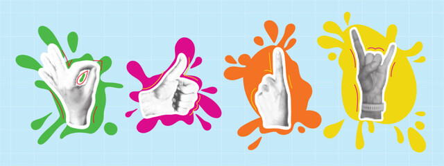Set of female hand signs for social media and communication Halftone style hand gestures on bright paint blots. . Modern collage with trendy human hand signs. Vector graphics