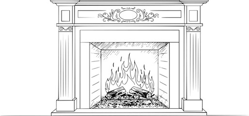 Fototapeta premium a line drawing of a fireplace with flames, minimalist, monochrome, sketch, simple, clear lines, no shading, classic style, elegant, detailed, fireplace mantel, cozy, inviting, warm lighting effect