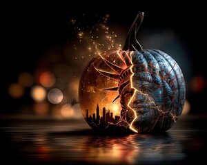 Haunted house Halloween night decorated , ghost and pumpkins , illustration