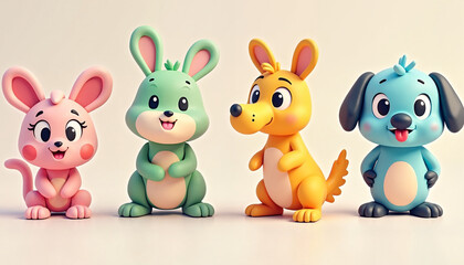 Naklejka premium Cartoon animals smiling together on a plain background 