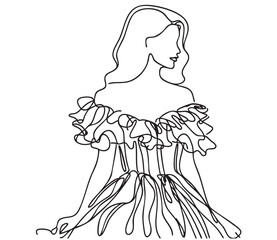 Fashion Girls in pompous dress with ruffles illustration. Fashion line sketch. Black and white