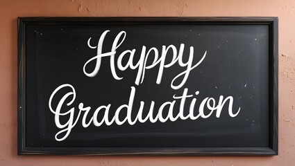 Happy Graduation message written in elegant white cursive calligraphy on a classic black chalkboard with a wooden frame, symbolizing academic achievement and celebration.