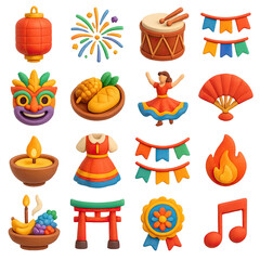 3d festival icon set featuring lantern, fireworks, drum, mask, dance, and fan symbols