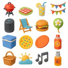 3d summer icon set featuring bbq, picnic, lemonade, banner, speaker, deckchair, burger, flower, cooler