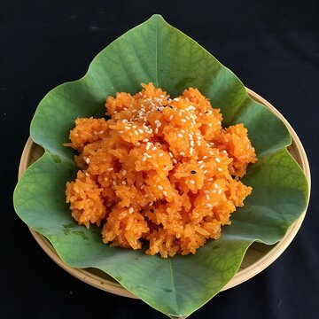 xoi gac (sticky rice with gac fruit) topped with shredded sesame , lotus leaf 