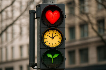 Unique Traffic Light Featuring Heart Shape, Clock Face, and Plant Symbol for Creative Urban Art and Environmental Imagery