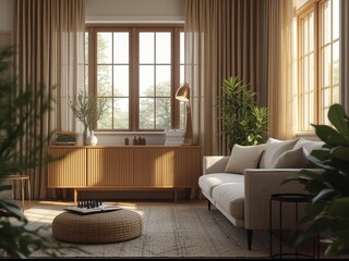 Fototapeta premium Modern Living Room Interior Design: Neutral Tones, Natural Light, and Wooden Accents