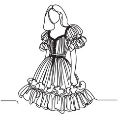 Fashion Sketch. Girl in dress with ruffles. Doodles