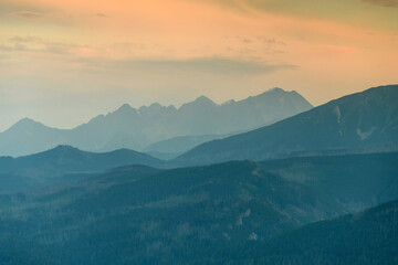 Obraz premium The Tatra Mountains at sunset, mountains arranged like layers.