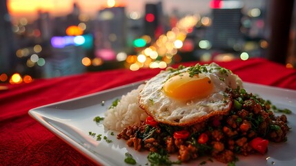Pad kra pao moo sap recipe: authentic thai basil pork with fried egg and rice overlooking city view