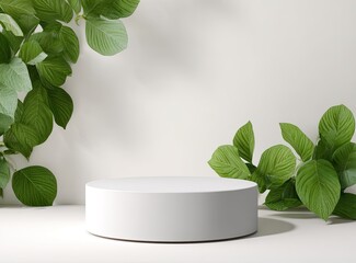 Empty white pedestal, surrounded by lush green leaves on a white background