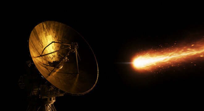 Space satellite dish detecting incoming fiery meteor in deep space against black background