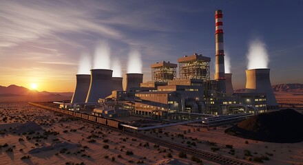 A vast coal-fired power plant generating energy in a remote desert at sunset, a dramatic 3D illustration of industrial infrastructure.