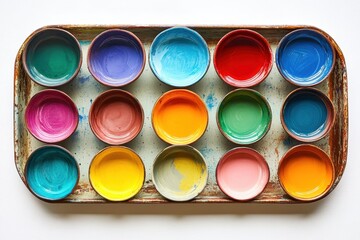 Fototapeta premium Vibrant Colorful Paints in Round Bowls on a Rustic Tray
