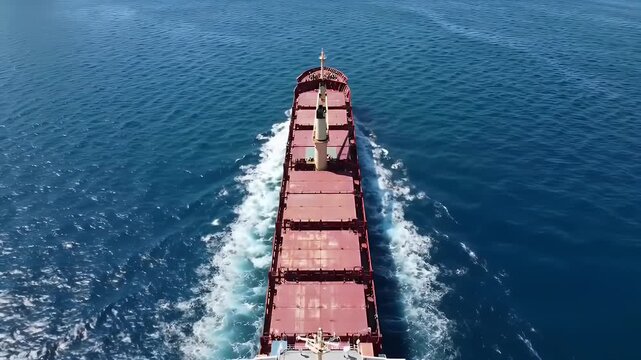 Majestic Red Bulk Carrier Navigates the Deep Blue Sea, Creating a Powerful Wake