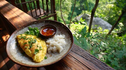 Delicious omelette with rice and sauce served on a wooden balcony overlooking lush green nature view