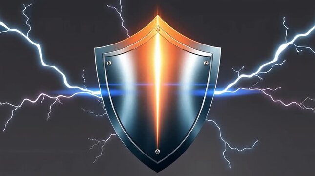 Metallic Shield with Electric Lightning Background, Symbolizing Protection and Strength in a Dynamic Abstract Design