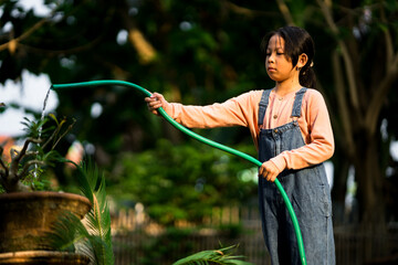 A young Asian girl wearing a peach long-sleeve shirt and denim overalls is watering plants in a...