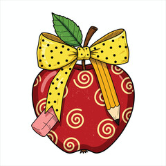 Red Apple with Yellow Polka Dot Bow, Pencil, and Eraser Isolated on White
