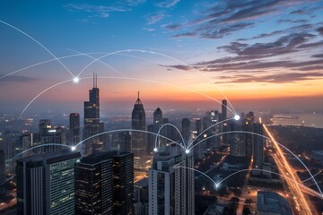 Futuristic cityscape with digital network overlay at sunset