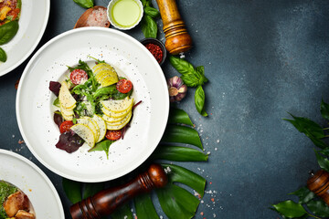 view from above of salads and food on plates. Healthy meal. Top view.