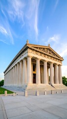 Obraz premium Classic temple-like building, serene golden light, clear sky