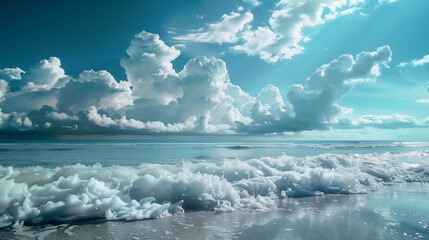 A beach where the waves are made of clouds