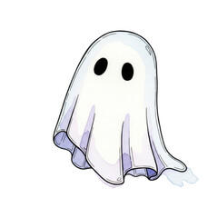 A cute cartoon ghost with a white sheet and black eyes.
