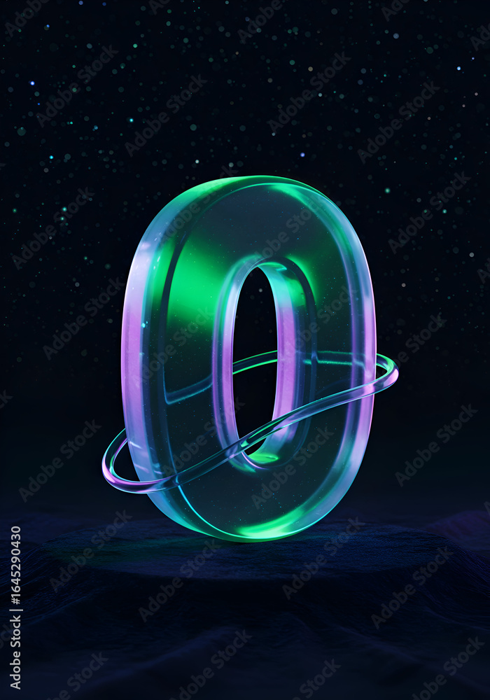 Poster glowing zero with vibrant colors in a cosmic setting. digitally rendered number with orbiting graphi