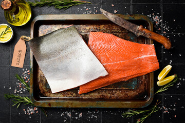 Half of fresh raw salmon fillet ready to cook. Top view.